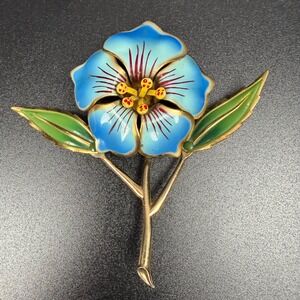 Vintage Enamel Flower Brooch Blue Cold Painted Gold Tone Statement Pin 3.75 In